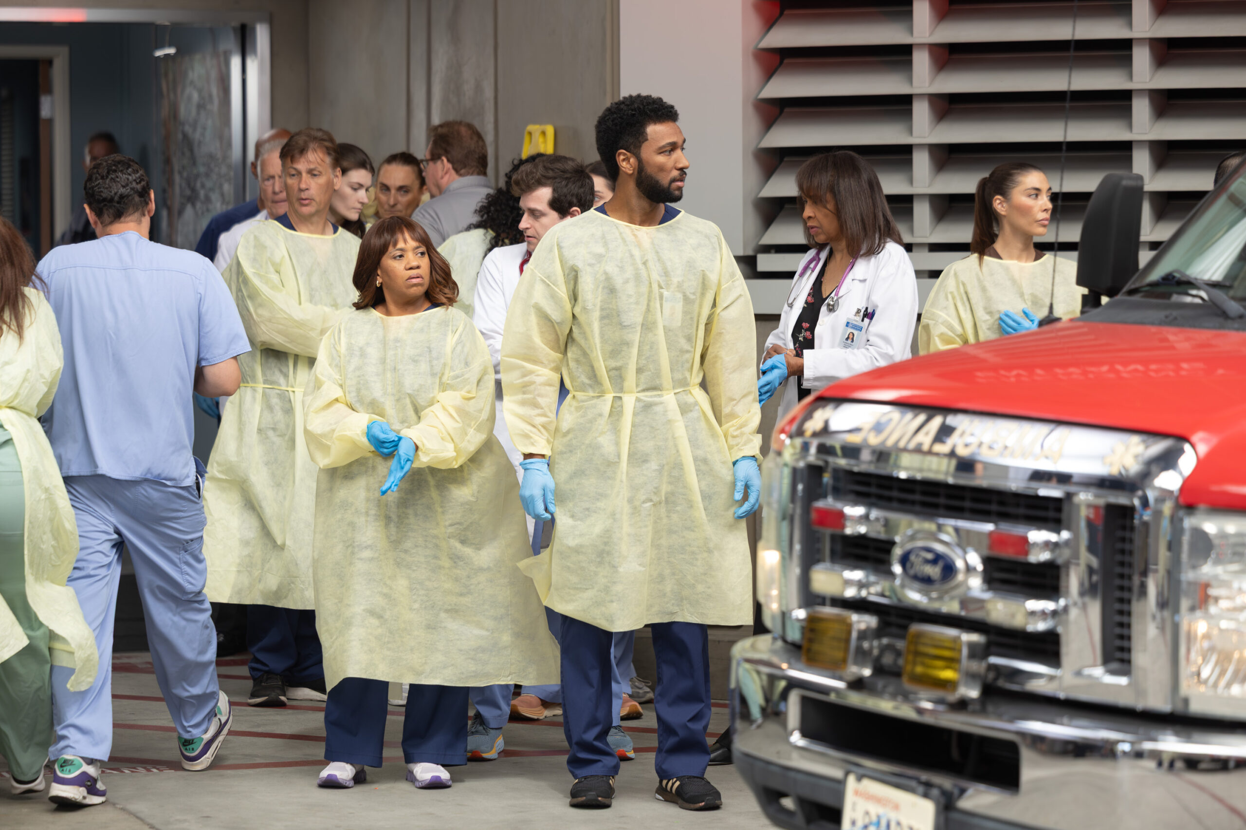 Grey Sloan doctors including Miranda Bailey and Winston Ndugu respond to the Sea-Tac collision in Season 23