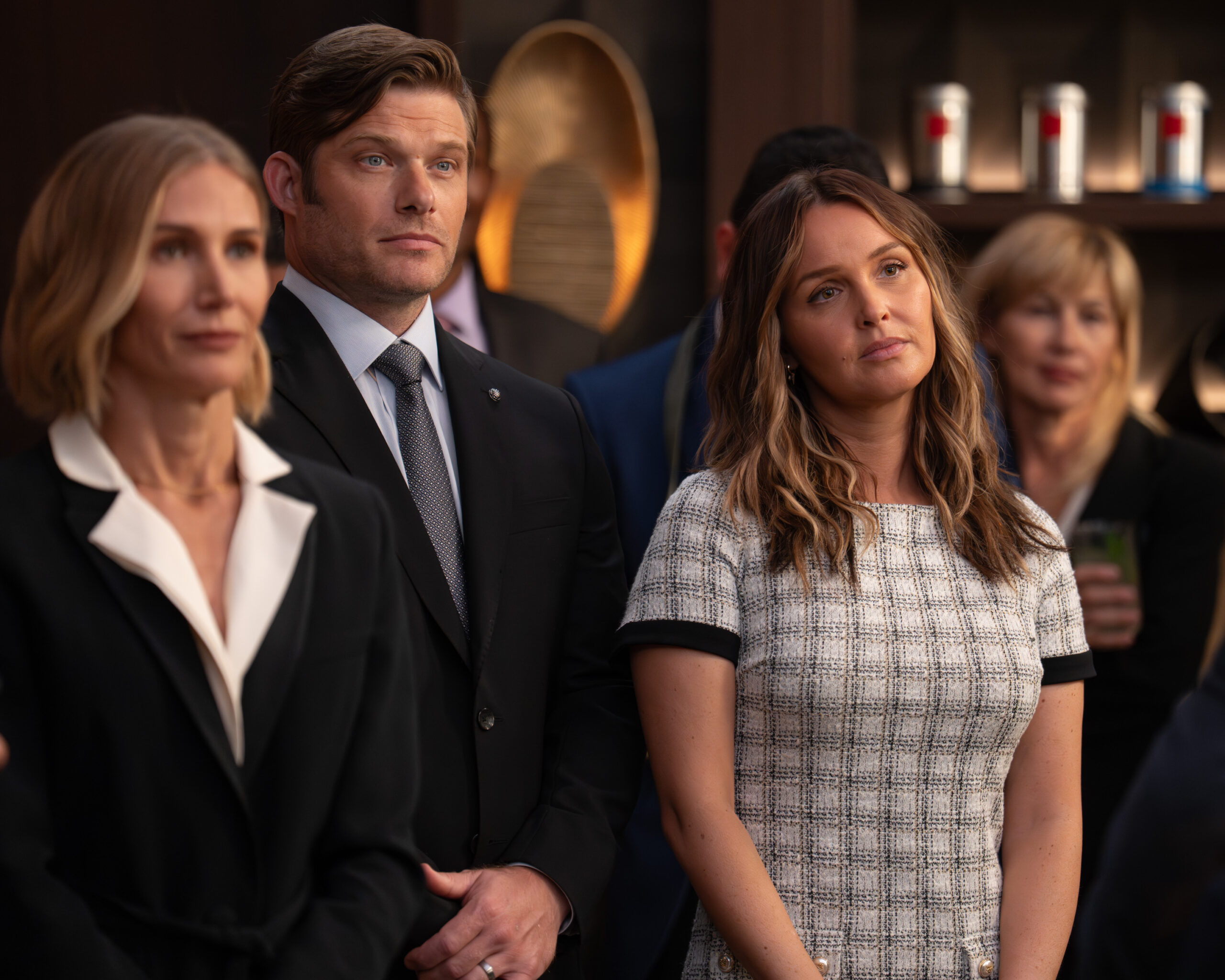 Jen Landon Chris Carmack and Camilla Luddington in Grey's Anatomy Season 23 premiere Collide publicity scene