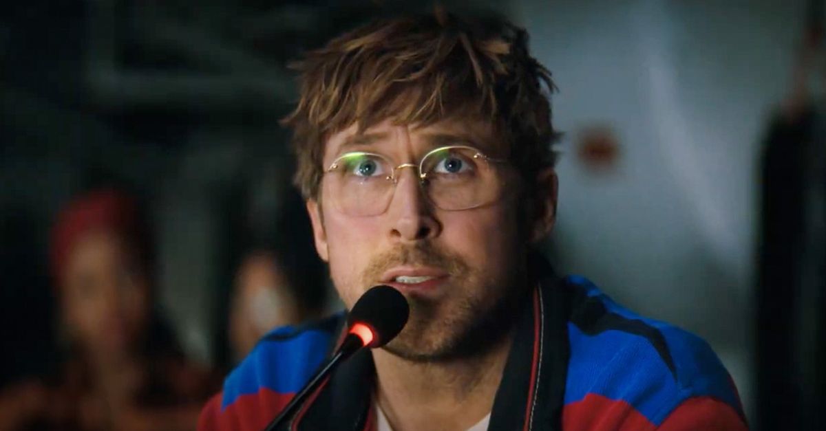 Project Hail Mary movie — Ryan Gosling as Ryland Grace speaking into a microphone