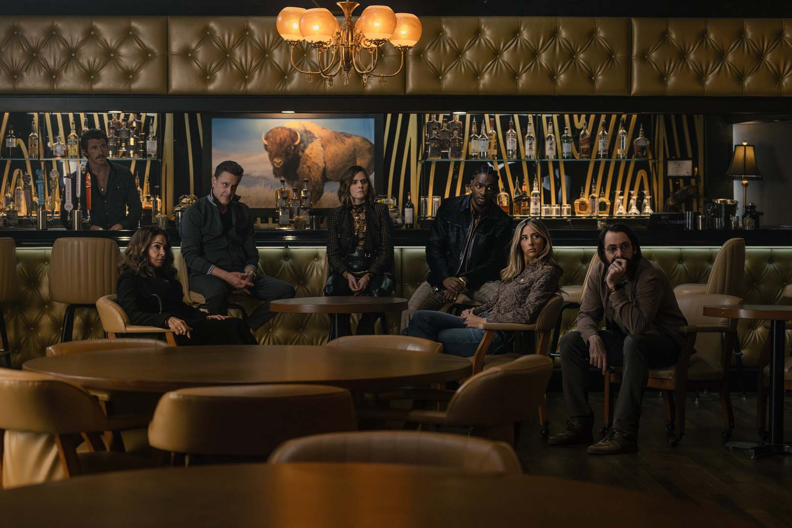 Tulsa King Season 4 cast pictured together at their bar in an official Paramount Plus Season 4 publicity still