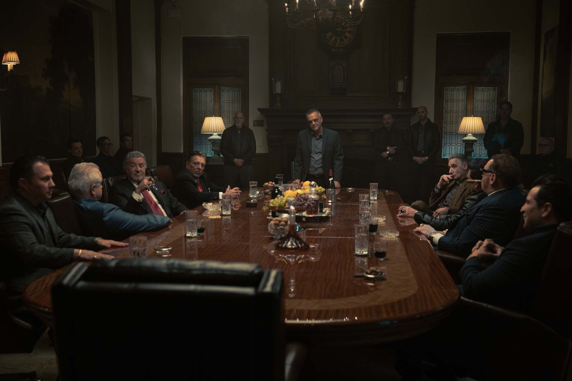 Tulsa King Season 4 official Paramount Plus still showing Dwight and rival figures around a conference table