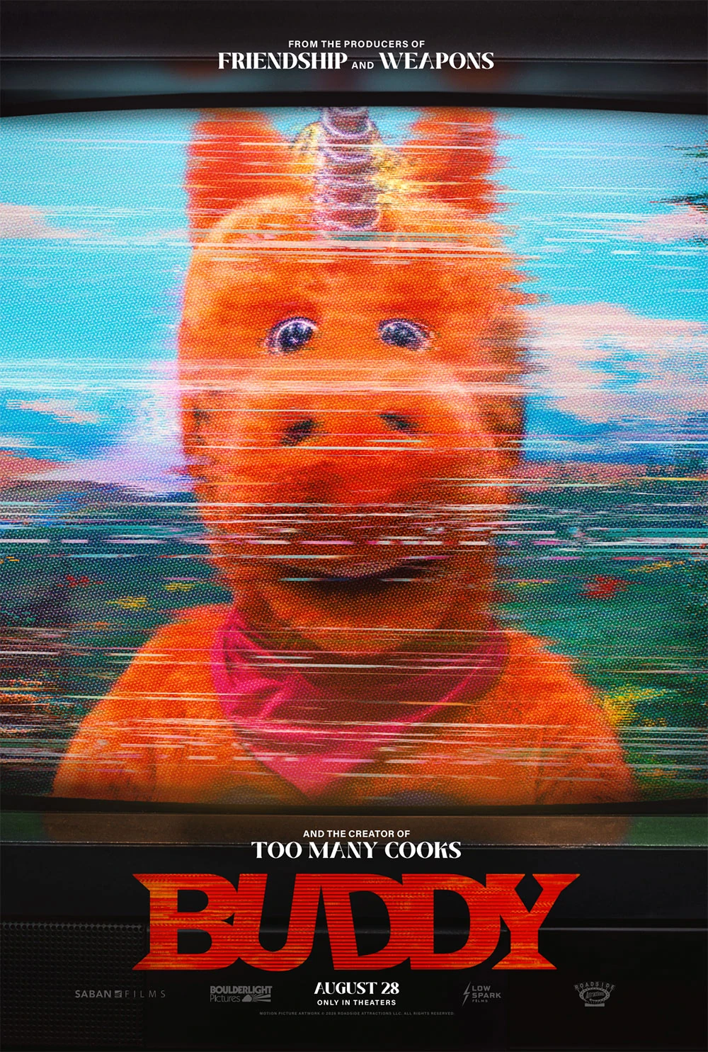 Buddy (2026) official poster with the orange unicorn on a distorted television screen