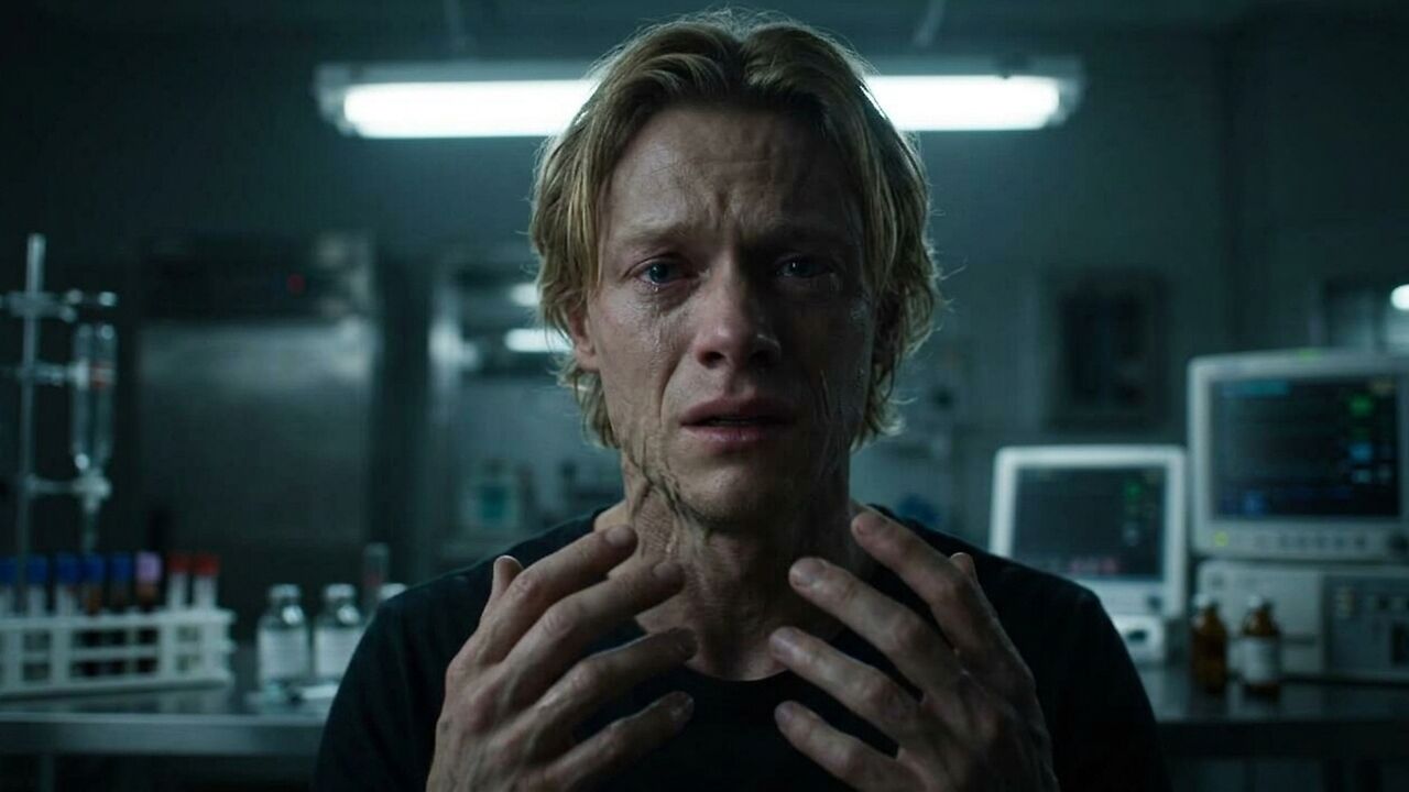 Clayface 2026 Tom Rhys Harries as Matt Hagen staring at his hands during a frightening transformation in medical lab