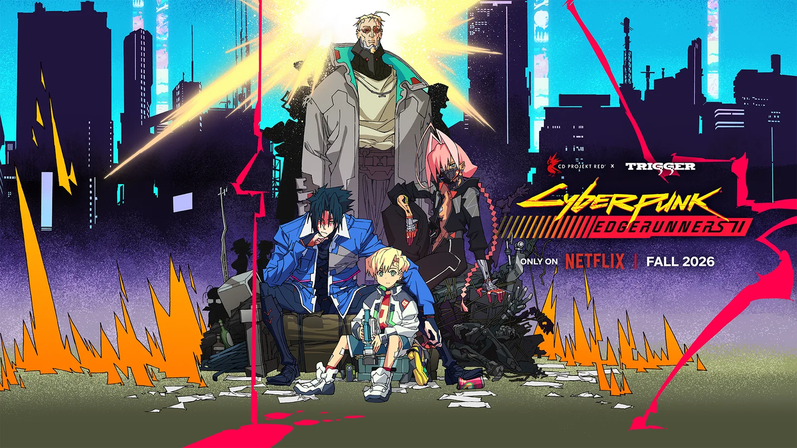 Cyberpunk Edgerunners 2 — официальный ключевой арт с новой командой на фоне Найт-Сити, 2026