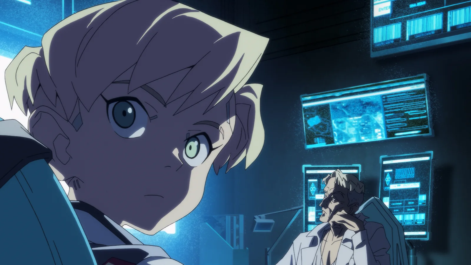 Cyberpunk Edgerunners 2 blue holographic computer screen anime scene