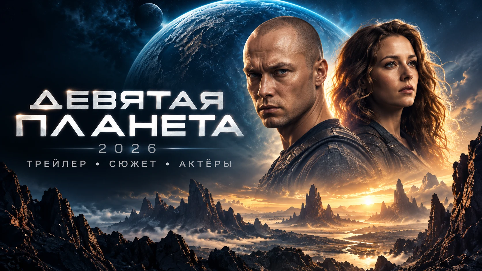 Девятая планета (2026) — иллюстрация с Юрой Борисовым и Ириной Старшенбаум на фоне фантастического пейзажа