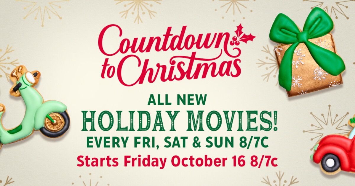 Hallmark Christmas Movies 2026 — official Countdown to Christmas holiday premieres banner, October 16 kickoff