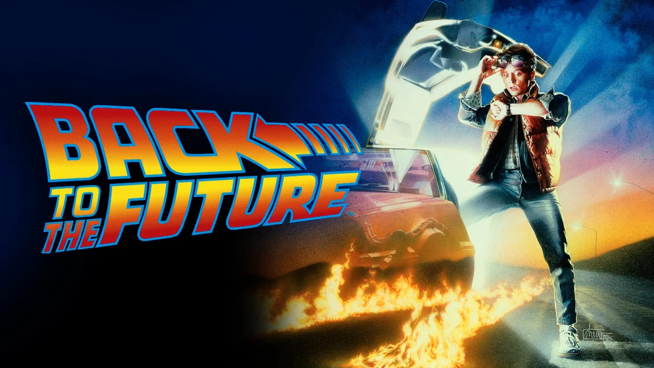 Назад в будущее — официальный постер фильма с Марти Макфлаем и DeLorean