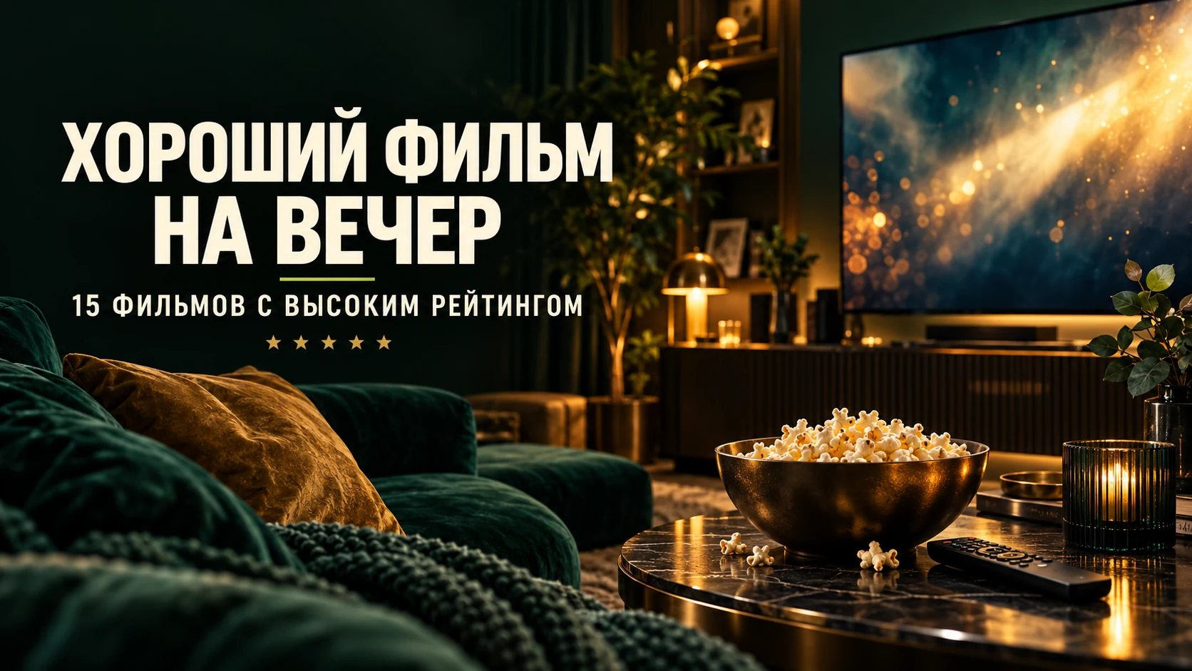 Хороший фильм на вечер — уютная гостиная с телевизором и попкорном