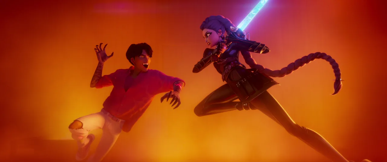KPop Demon Hunters characters in an official 2025 Sony Pictures Imageworks movie still