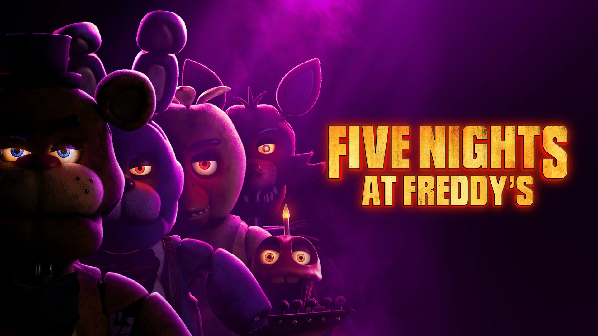 Five Nights at Freddy’s (2023) official artwork with Freddy and the animatronic cast