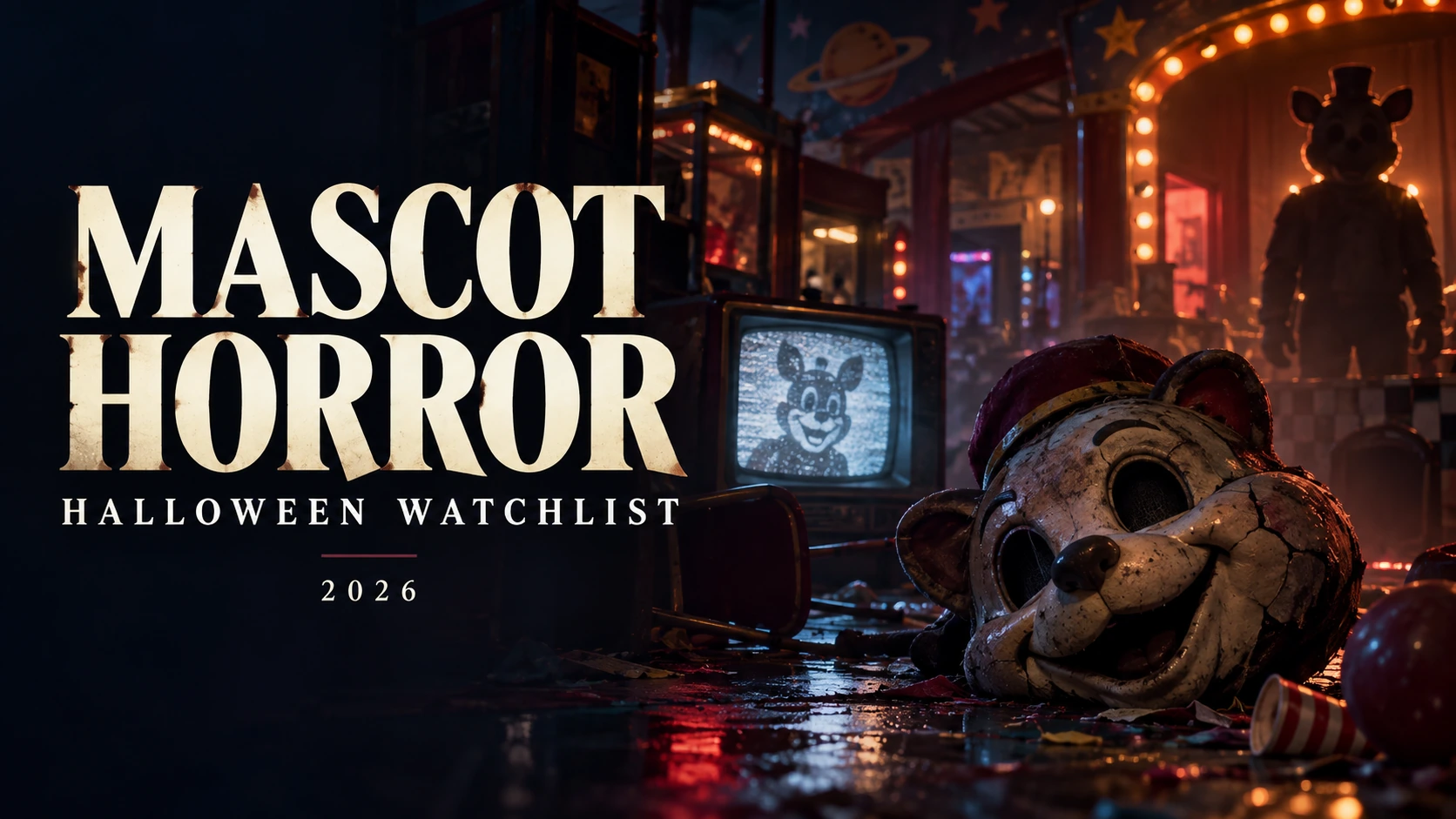 Mascot horror movies Halloween 2026 watchlist — original illustration of an abandoned arcade