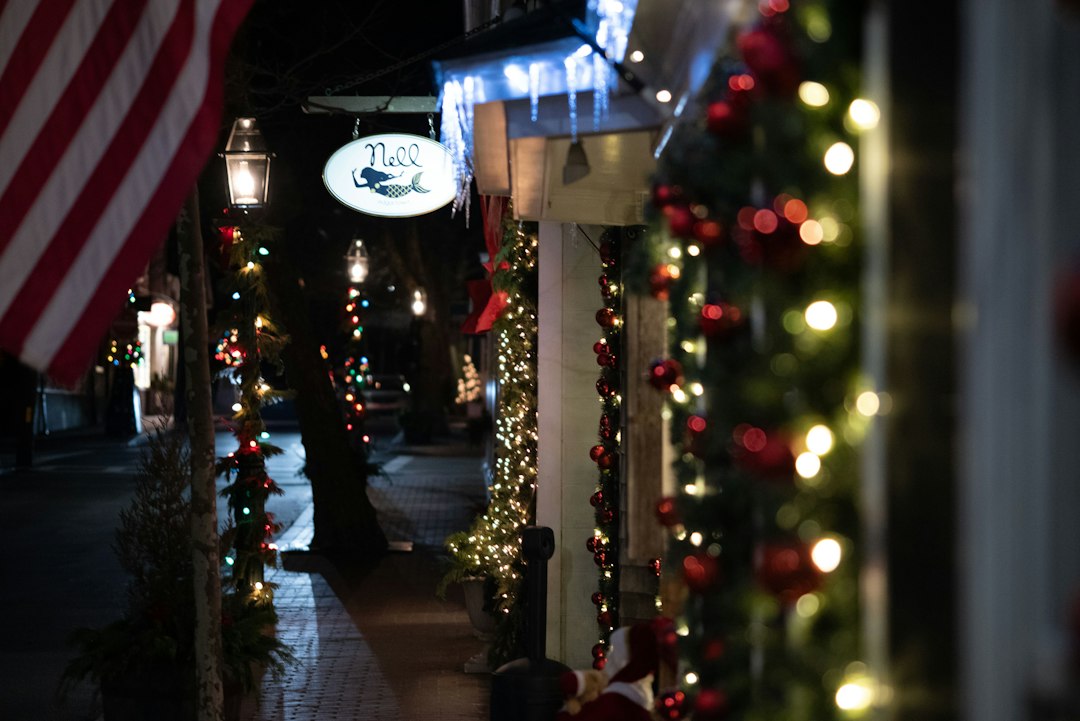 Mr. & Mrs. Christmas Hallmark romance — a small-town street decorated for Christmas, illustrative photograph