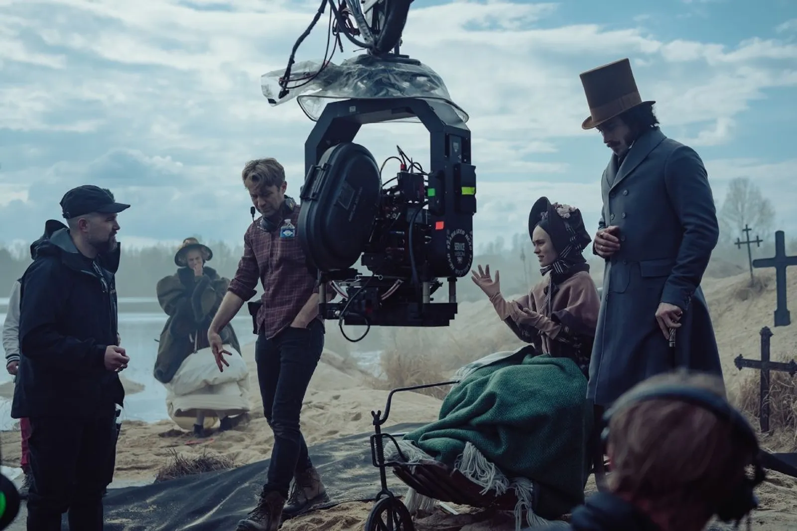 Robert Eggers, cinematographer Jarin Blaschke, Lily-Rose Depp and Aaron Taylor-Johnson during the Nosferatu production