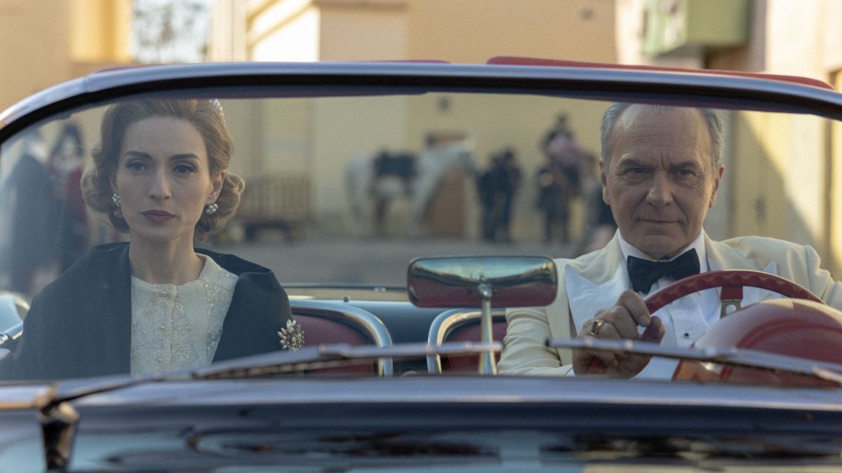 The Final Problem 2026 — José Coronado as Basil driving a vintage car, television still