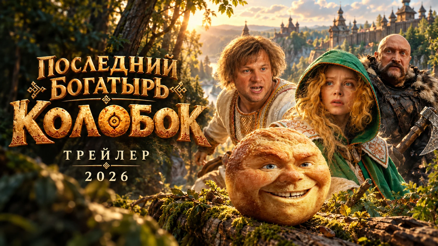 Последний богатырь. Колобок (2026) — иллюстрация с Колобком, Тихоном, Ладой и Волком