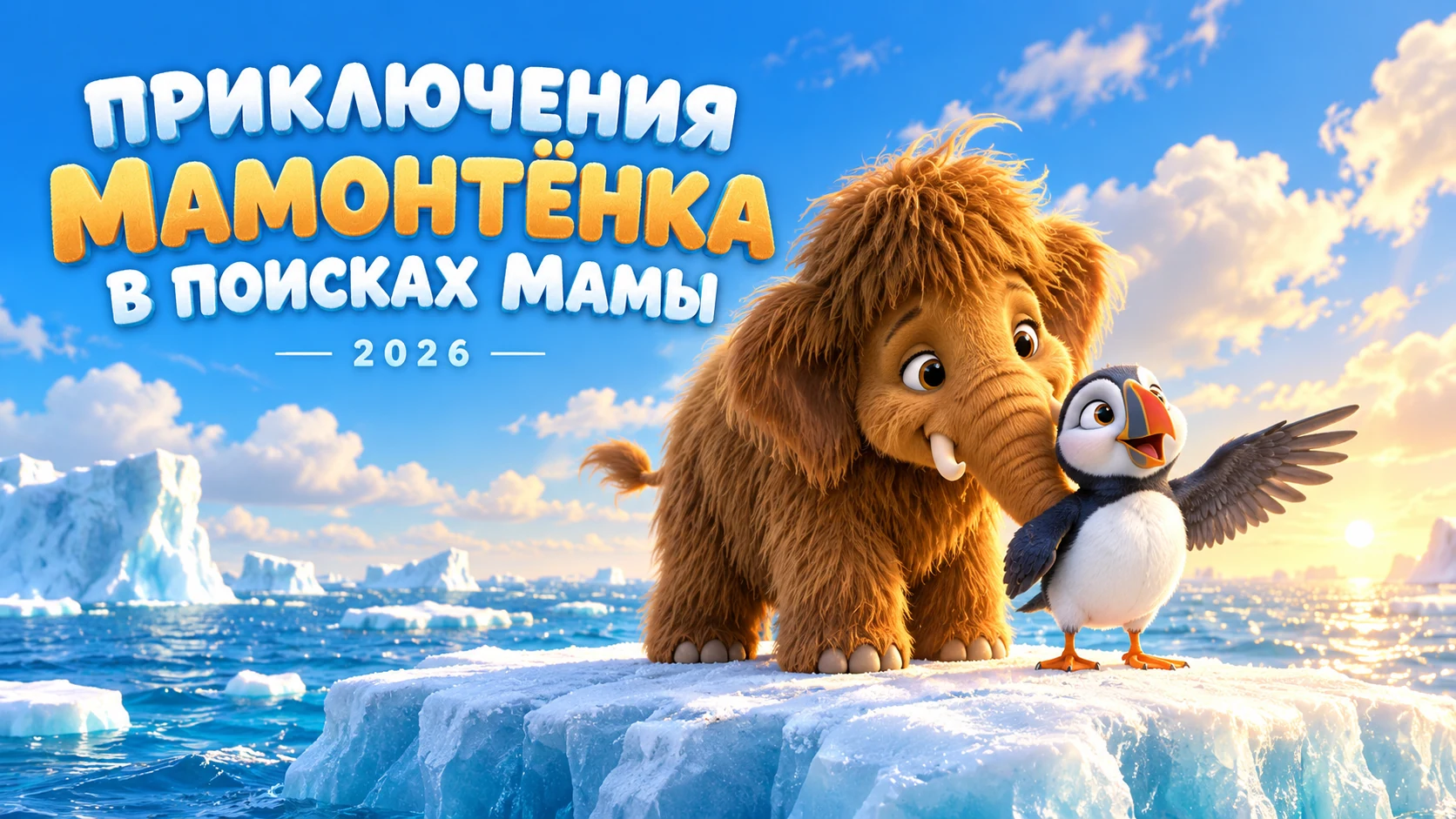 Приключения мамонтенка. В поисках мамы — иллюстрация с Пушистиком и Тупиком на льдине