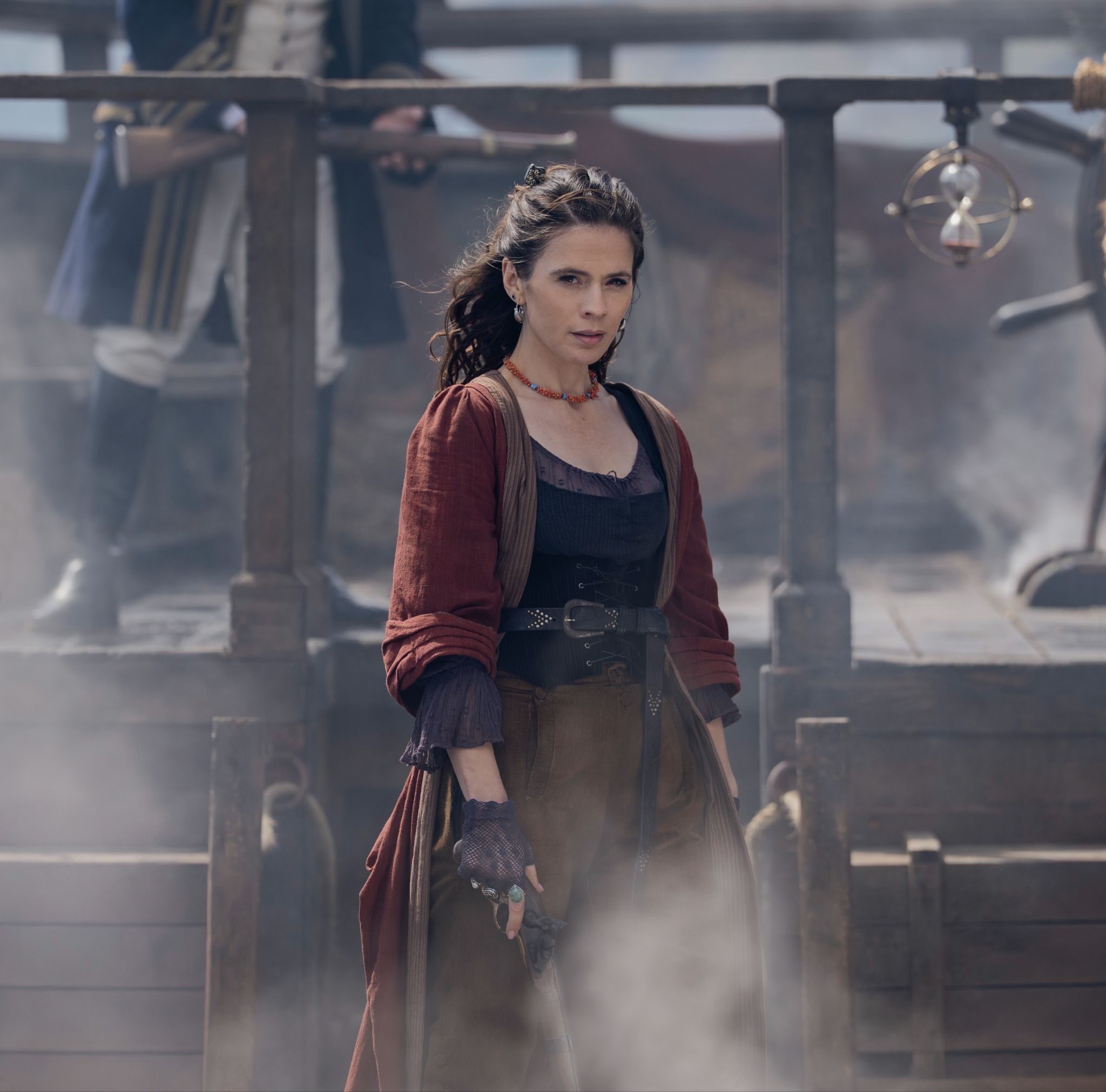Hayley Atwell as Bess Hawkins with a pistol Treasure Island 2026 pirate drama official still