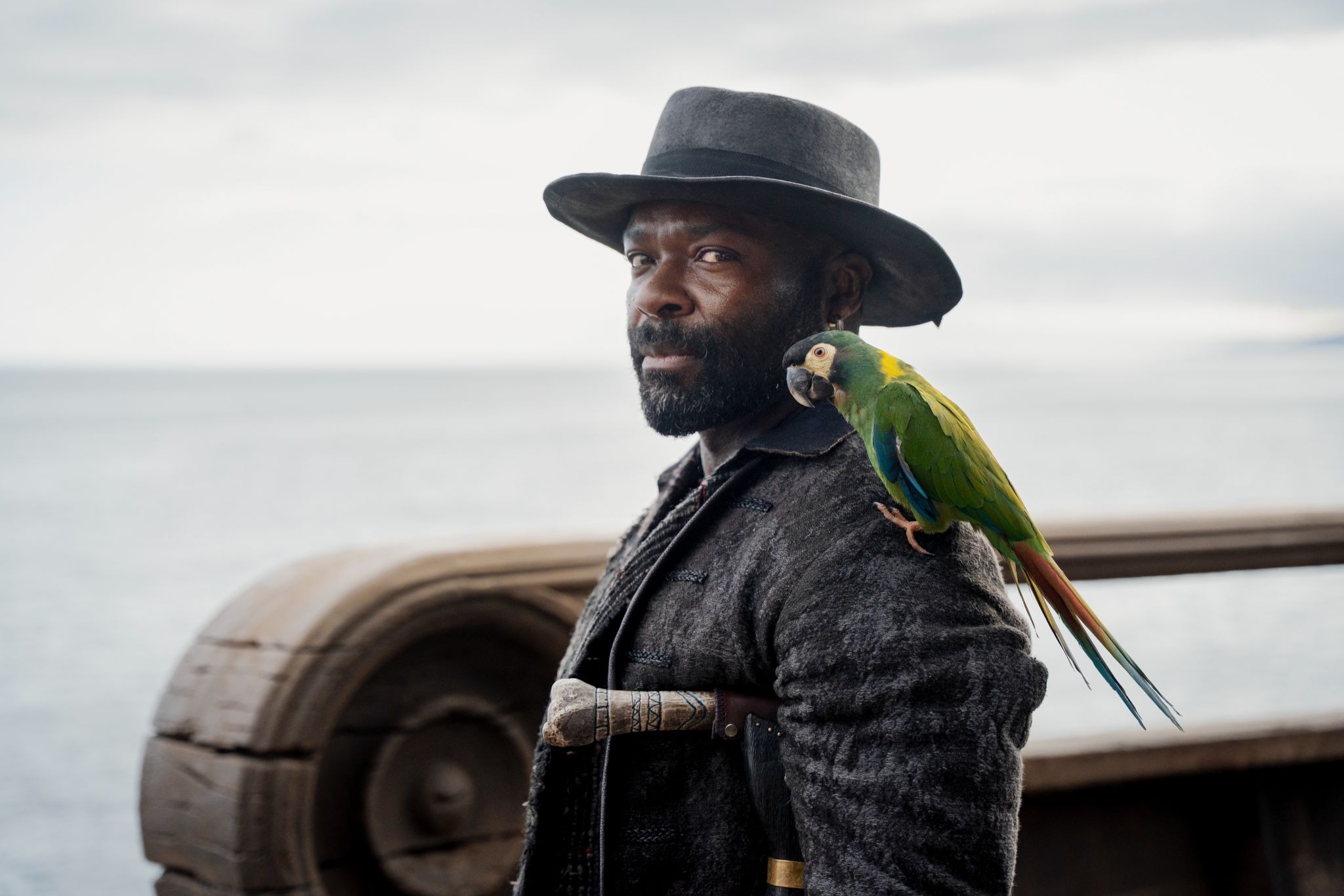 David Oyelowo as Long John Silver with a green parrot in Treasure Island 2026 MGM Plus
