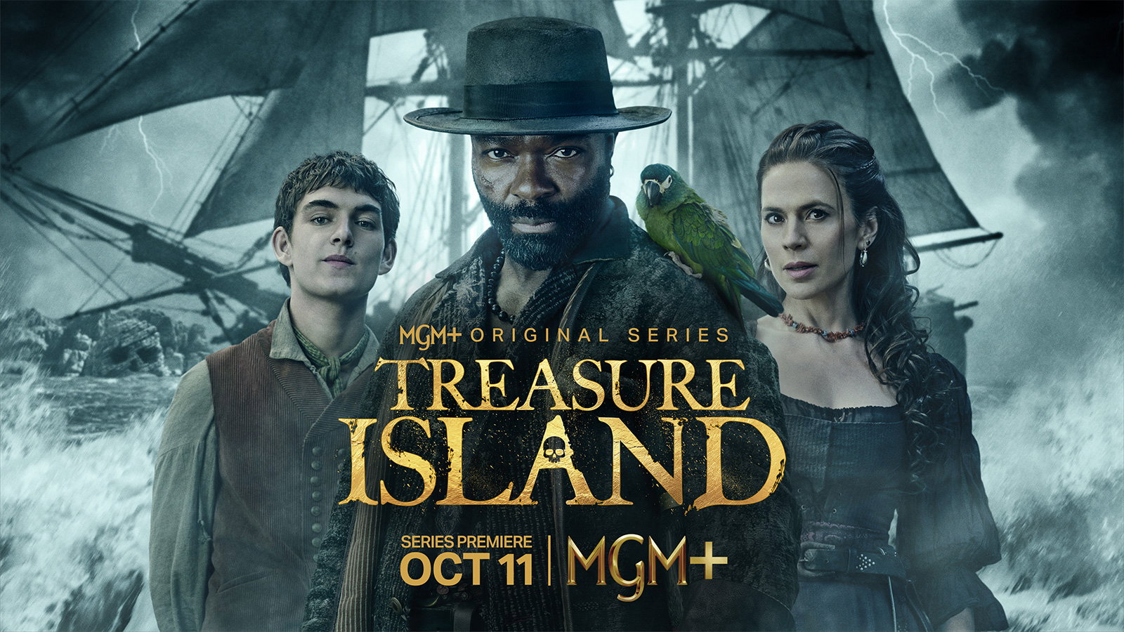 Treasure Island 2026 MGM Plus promotional image starring David Oyelowo Hayley Atwell and Tom Sweet