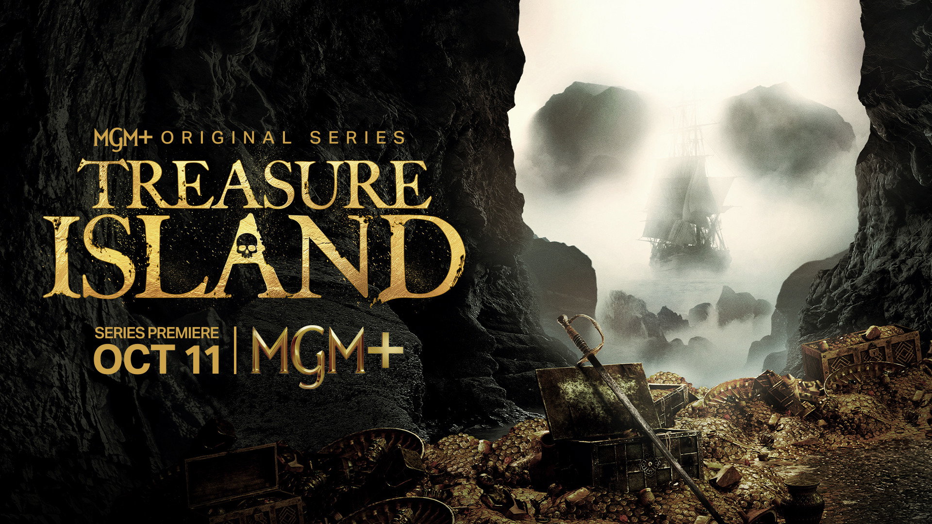 Treasure Island (2026) MGM+ official series key art pirate treasure and ship
