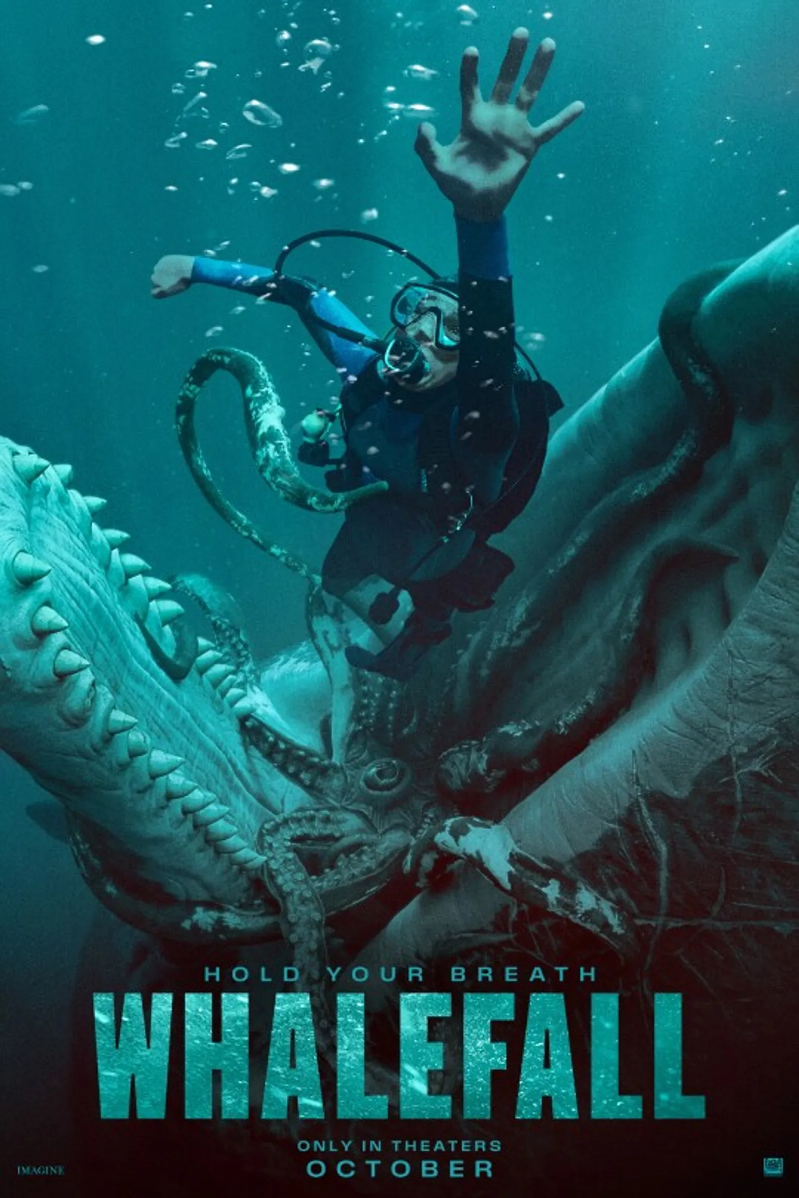 Падение кита (2026) — постер фильма Whalefall с дайвером и огромным кашалотом